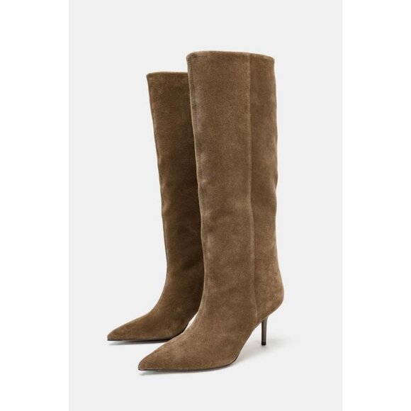 ZARA SPLIT SUEDE STILETTO HEEL BOOTS - Picture 1 of 8